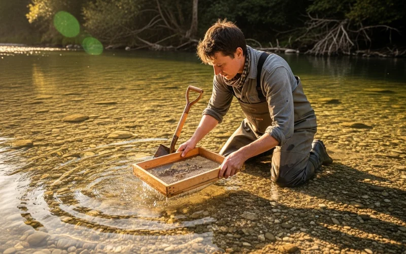 Person kneeling in shallow river water sifting for Megalodon shark teeth using a screen and shovel.