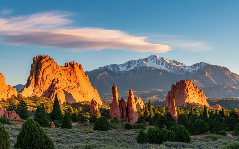 Garden of the Gods red sandstone formations with Pikes Peak in background, sunrise glow, clear blue sky.