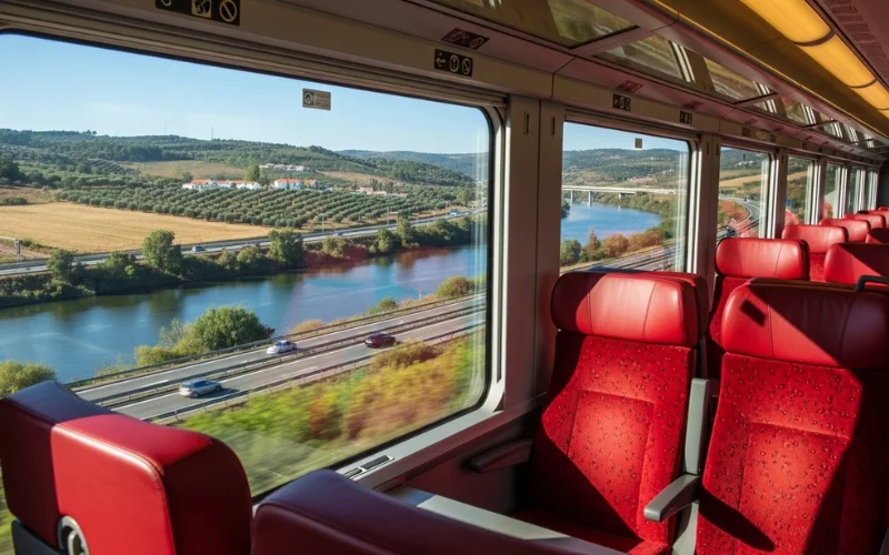 Alfa Pendular train interior, scenic railway along river, Portuguese highway through countryside.