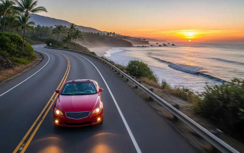 Rental car driving along scenic coastal highway, ocean views, tropical road trip.