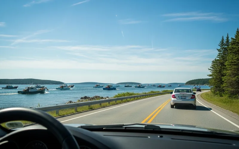 Car driving along Route 1 Maine, lobster boats in distance