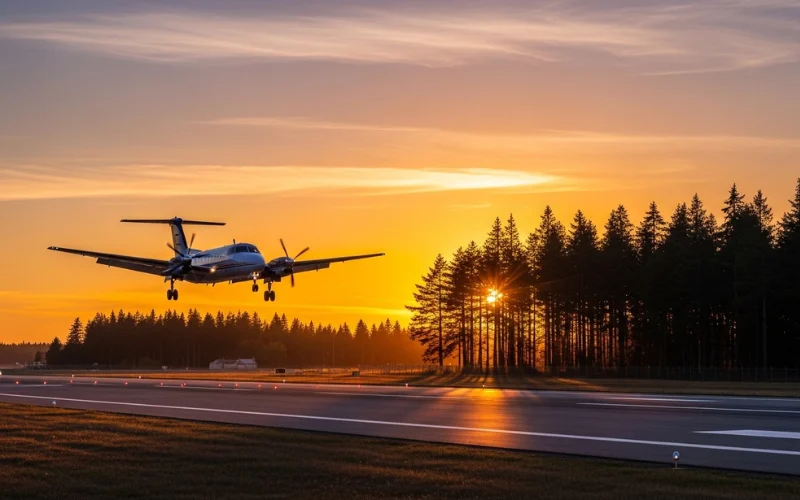 Small regional airport with pine trees, airplane landing at sunset