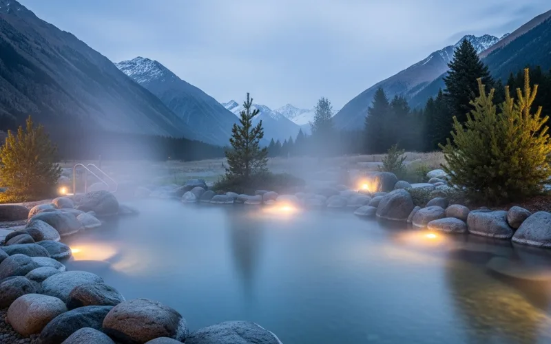 Natural hot springs pool with steam rising, surrounded by mountains, relaxing spa atmosphere.