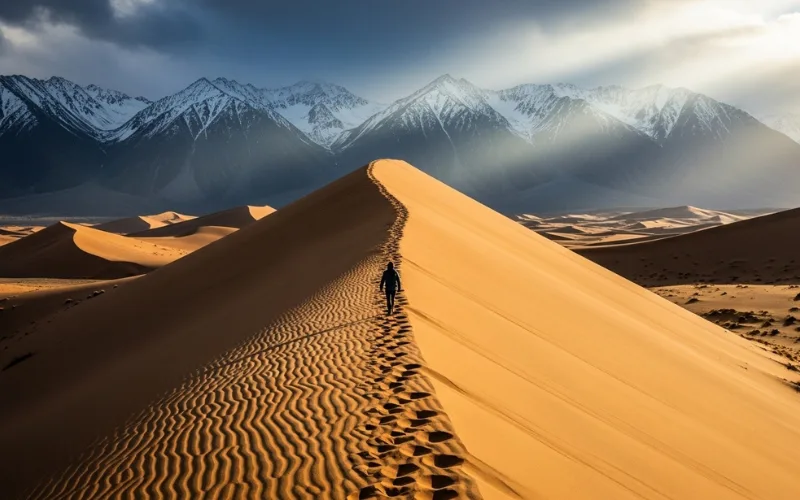 Massive sand dunes with snow-capped mountains behind, dramatic sky, person hiking up dune ridge.
