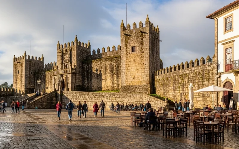 Medieval castle walls, cobblestone square, Palace of the Dukes of Braganza, historic charm, UNESCO heritage ambiance.