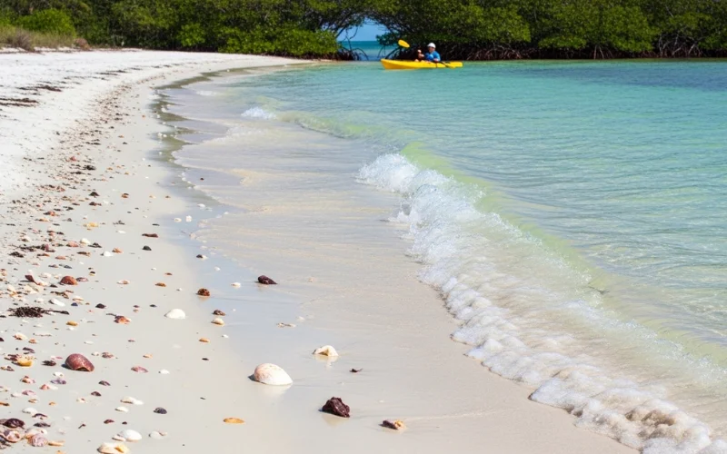 Remote barrier island beach at Caladesi Island State Park, pristine white sand, turquoise Gulf water.