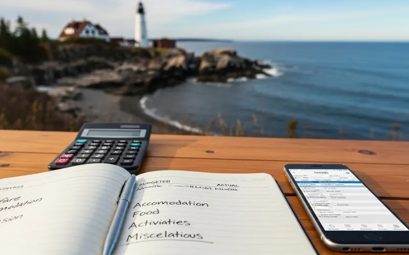 Travel budget planning scene, notebook with expenses, Maine coastline in background