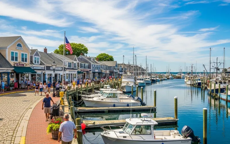 Dock Square Kennebunkport, charming coastal shops, fishing boats, pastel buildings