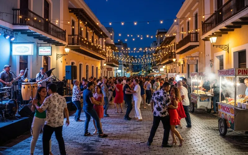Outdoor street party at La Placita, live music, colorful lights, people dancing salsa at night.