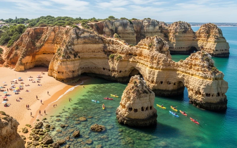 Ponta da Piedade rock formations, kayak in sea caves, sandy Praia Dona Ana beach.