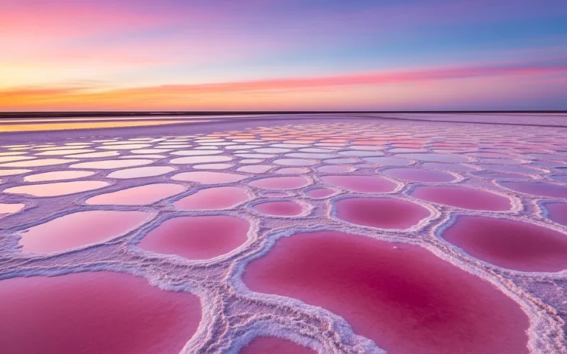 Pink salt flats with shallow reflective pools, pastel sky, bird’s eye view.
