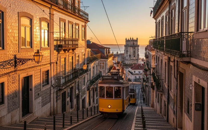 Alfama tram 28 climbing steep street, Belém Tower by the river, tiled buildings, sunset golden glow.