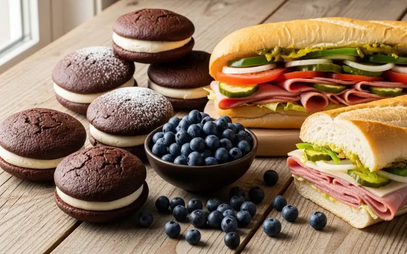 Assorted Maine local foods, whoopie pies, Italian sandwich, wild blueberries, rustic wooden table