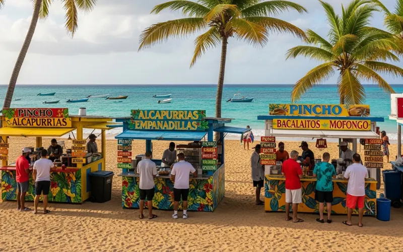 Beachfront food kiosks serving Puerto Rican street food, colorful stalls, tropical beach backdrop.