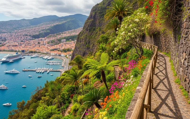 Levada trail along mountain cliffs, Funchal harbor view, tropical botanical garden.