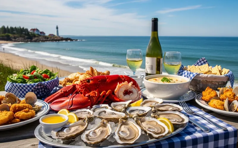 Fresh Maine seafood spread on seaside picnic table, lobster, oysters, chowder, ocean view