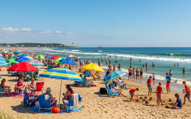 Busy Maine beach in July, bright sun, colorful umbrellas, ocean waves, lively summer crowd