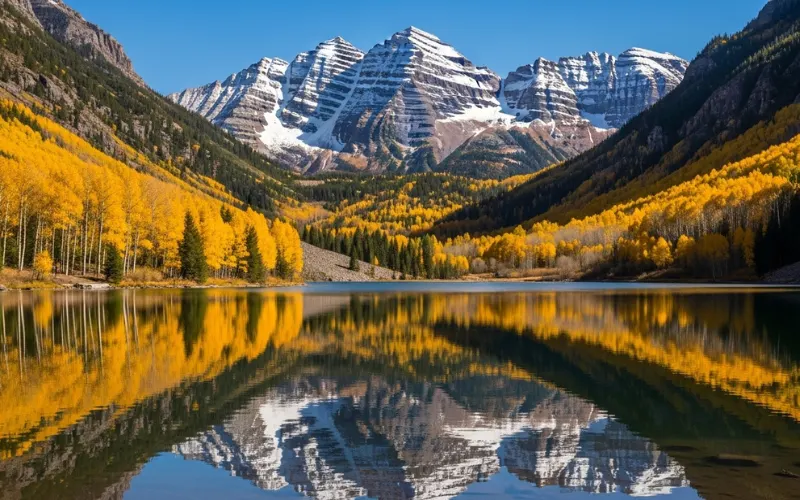 Maroon Bells reflecting in Maroon Lake, golden aspen trees, fall season, crystal clear mountain reflection.