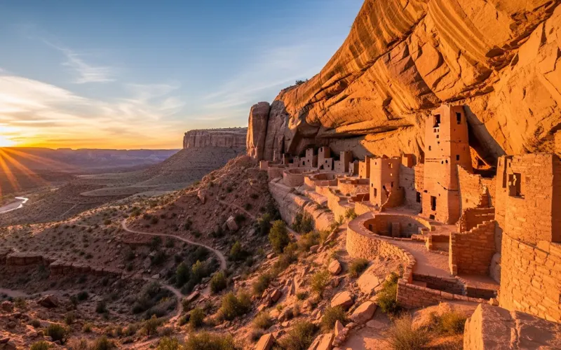 Ancient cliff dwellings carved into sandstone cliff, dramatic desert canyon landscape, golden light.