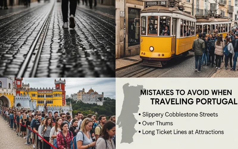 Slippery cobblestone street close-up, crowded Tram 28, long ticket line at palace.