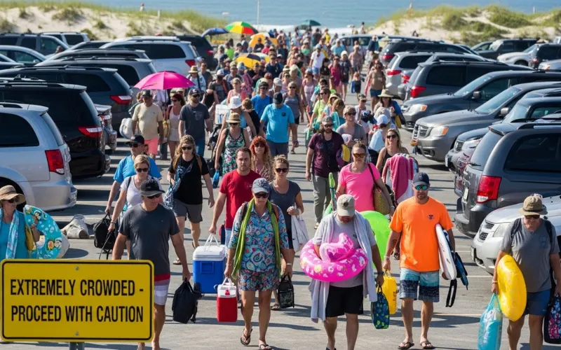 Crowded Maine beach parking lot full by morning, summer tourists walking with beach gear
