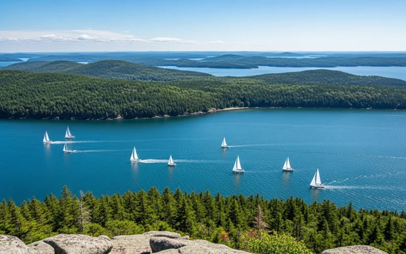 Mount Battie summit view, sailboats below in Penobscot Bay, forested hills