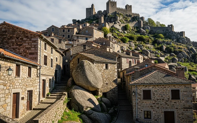 Granite boulders integrated into houses, narrow stone alleyways, dramatic hilltop castle ruins.