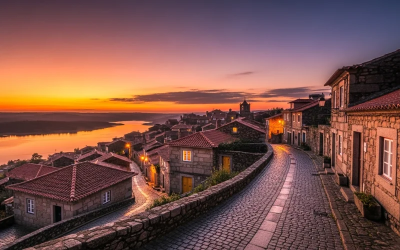 Hilltop stone village at sunset, Alqueva lake in background, cobblestone street, romantic golden light.