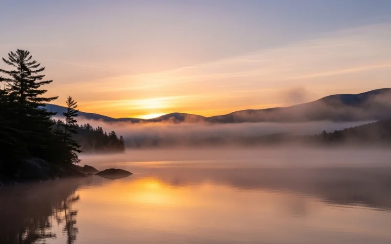 Moosehead Lake at sunrise, mist over water, mountains in distance, wilderness landscape