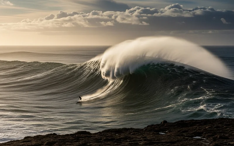 Praia do Norte giant winter waves, surfer silhouette, dramatic Atlantic spray, cliff-top viewpoint.