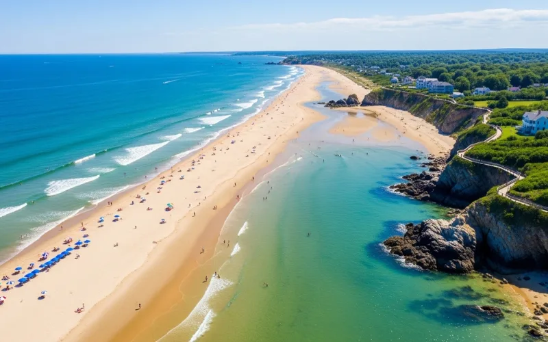 Ogunquit Beach aerial view, long sandy shoreline, turquoise water