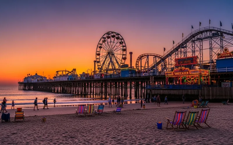 Old Orchard Beach pier at sunset, amusement park rides, colorful lights, sandy beach