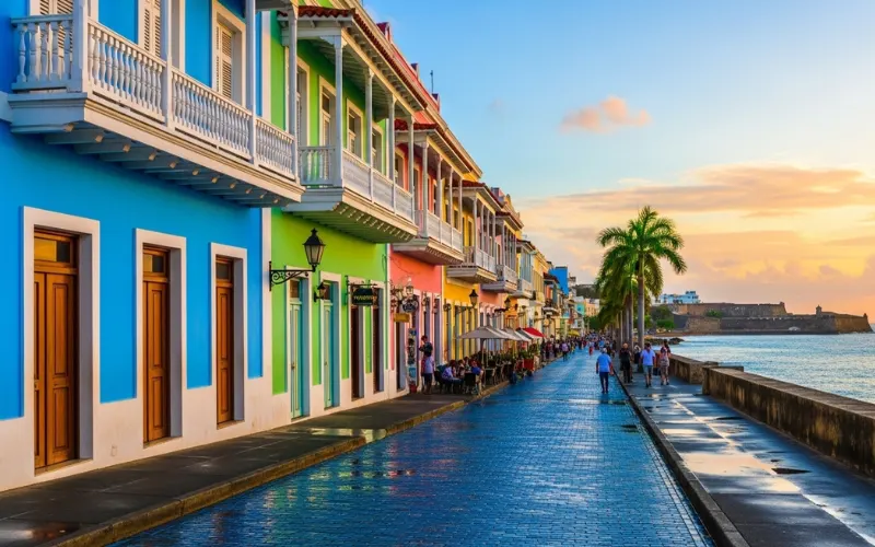 Colorful colonial buildings in Old San Juan, blue cobblestone streets, ocean views, warm evening light.