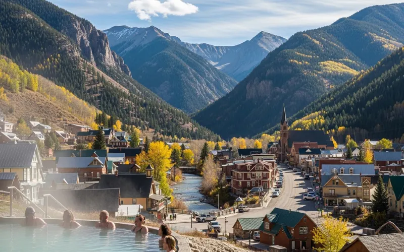 Charming mountain town of Ouray surrounded by steep peaks, hot springs pool, alpine scenery.