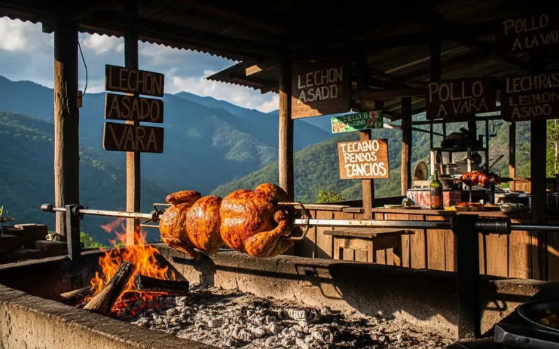 Whole chicken roasting over open fire, rustic roadside lechonera, mountain backdrop.