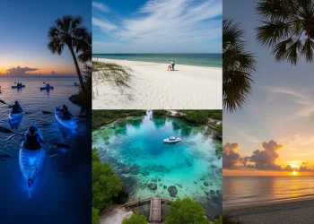 A cinematic collage-style travel image of Florida hidden gems at golden hour.