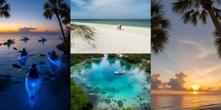 A cinematic collage-style travel image of Florida hidden gems at golden hour.