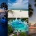 A cinematic collage-style travel image of Florida hidden gems at golden hour.