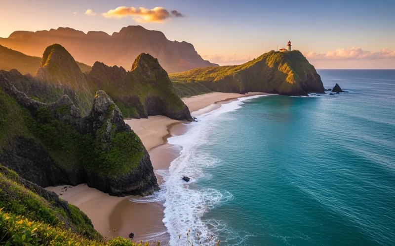 Remote beach with dramatic cliffs, turquoise water, lighthouse on hill, golden hour light.