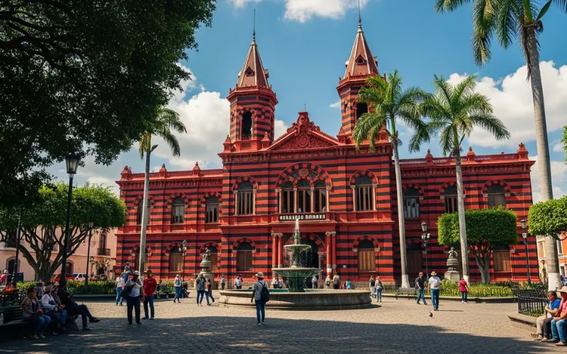 Historic red and black Parque de Bombas building, Spanish colonial plaza, sunny day.