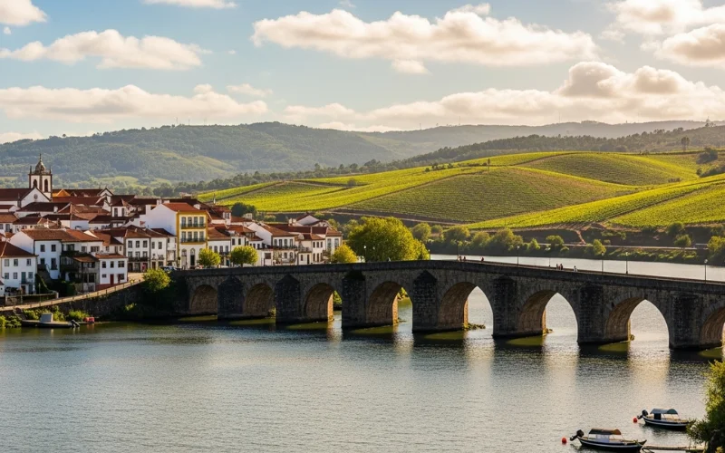 Medieval bridge over Lima River, vineyard landscape, peaceful riverside scene.