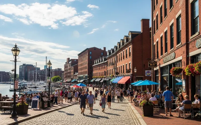 Portland Old Port district, cobblestone streets, waterfront harbor, brick buildings, lively summer afternoon