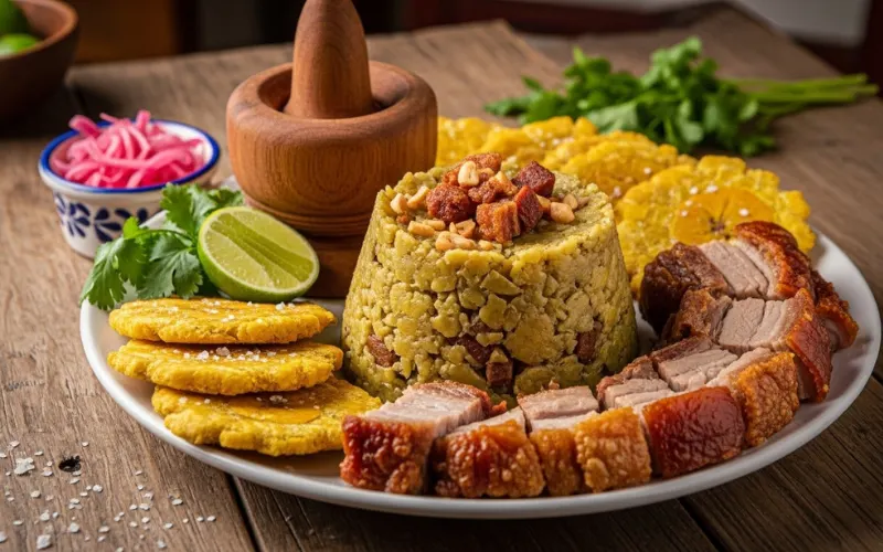 Traditional Puerto Rican mofongo plate with fried plantains, garlic, pork, rustic wooden table.