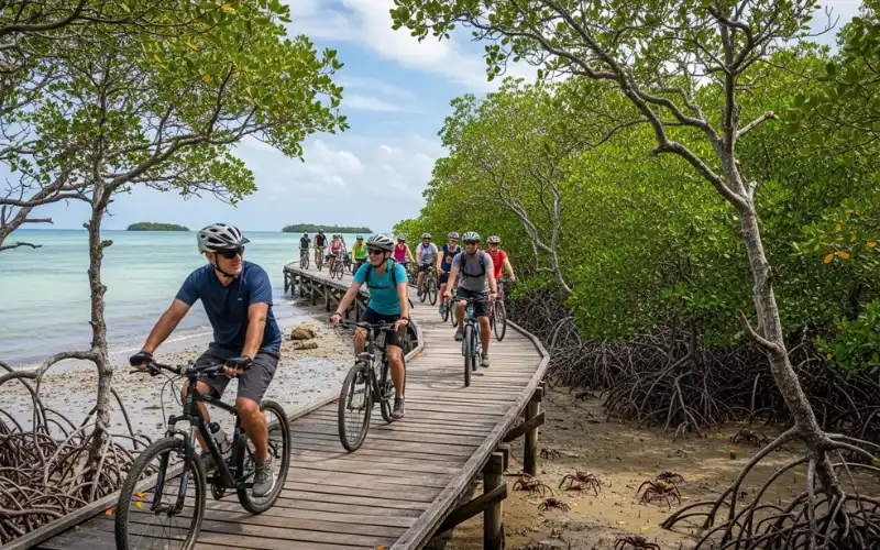 Wooden boardwalk through mangroves, cyclists riding near ocean, tropical coastal.