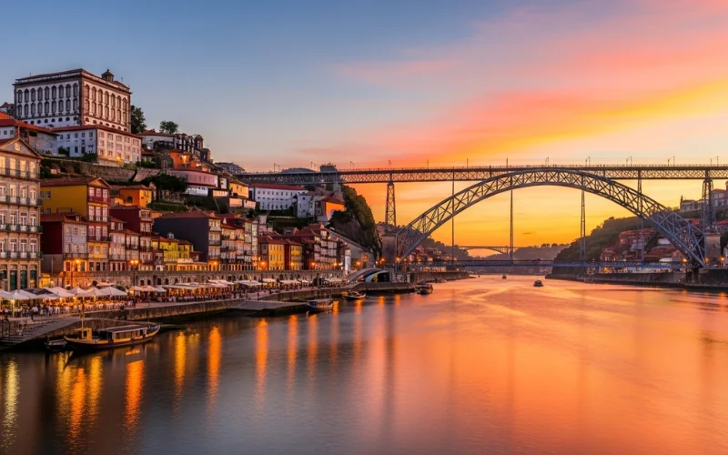 Ribeira district colorful houses along Douro River, Dom Luís I Bridge at sunset.