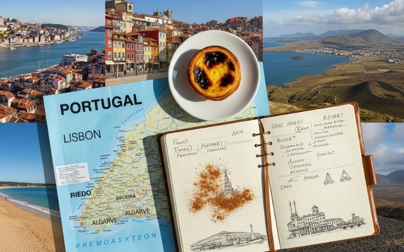 Portugal travel comparison flat lay, map with Lisbon, Porto, Algarve, Azores marked.
