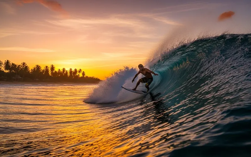 Surfer riding large Caribbean wave at sunset, golden sky, tropical coastline.