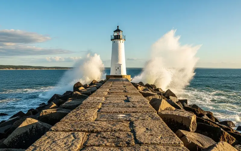 Rockland Breakwater Lighthouse, long stone jetty into ocean, dramatic coastal waves