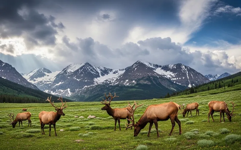 Rocky Mountain National Park alpine tundra, elk in meadow, snow-capped peaks, dramatic clouds, wide landscape shot.