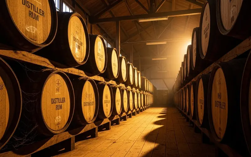 Rum barrels aging in wooden distillery warehouse, warm golden lighting.